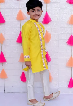 Embroidered Taffeta Silk Sherwani Set in Yellow