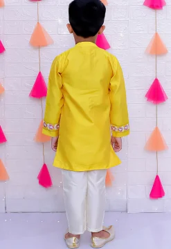 Embroidered Taffeta Silk Sherwani Set in Yellow