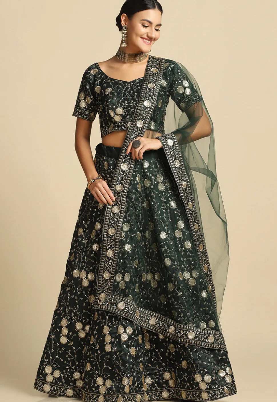 Embroidered Taffeta Silk Lehenga in Dark Green