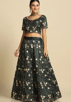 Embroidered Taffeta Silk Lehenga in Dark Green