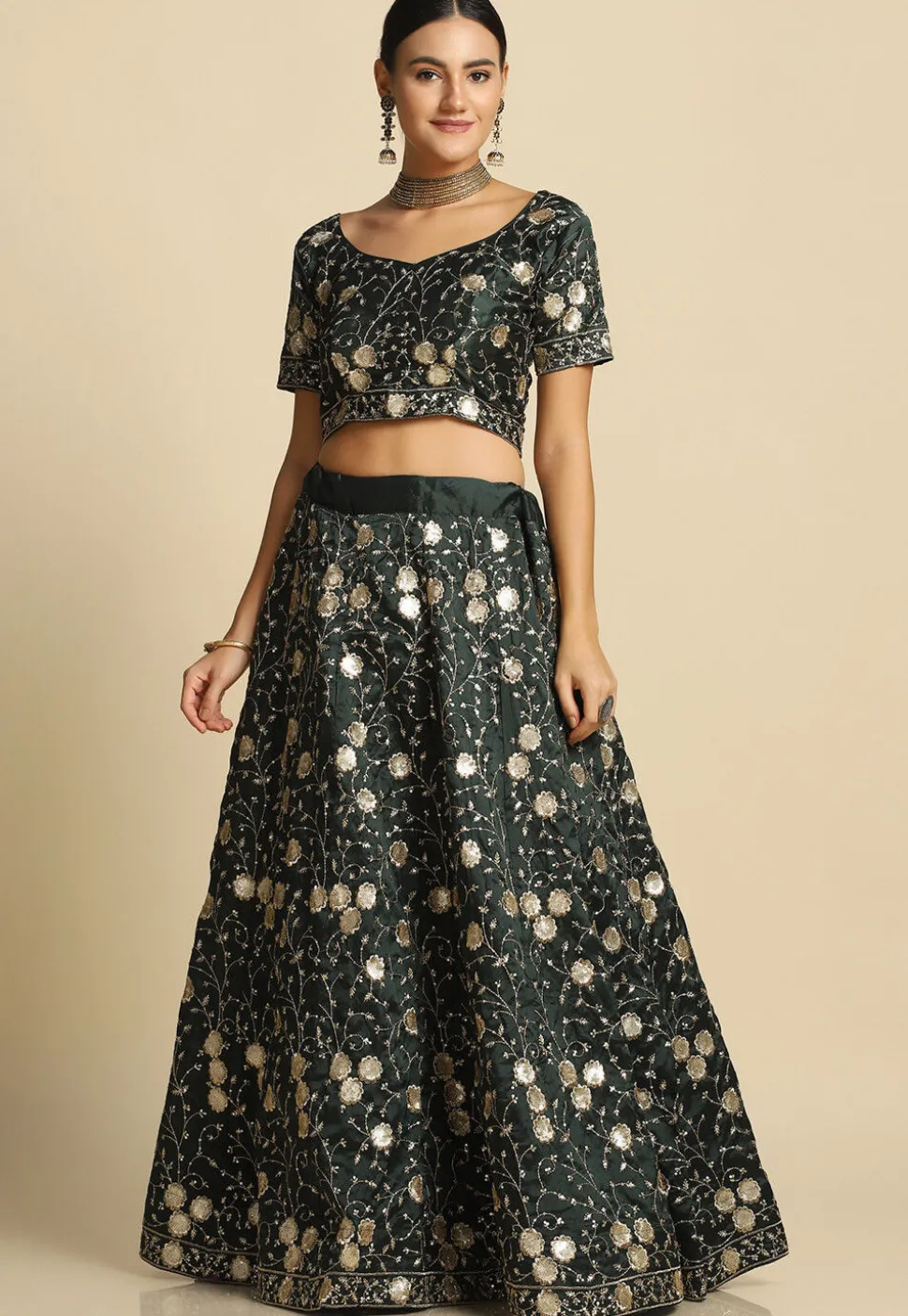 Embroidered Taffeta Silk Lehenga in Dark Green