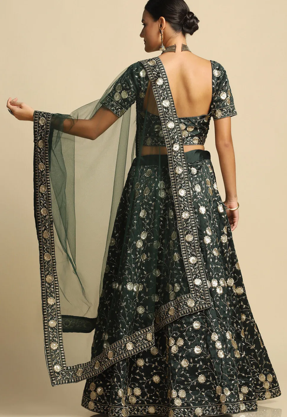 Embroidered Taffeta Silk Lehenga in Dark Green
