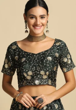 Embroidered Taffeta Silk Lehenga in Dark Green