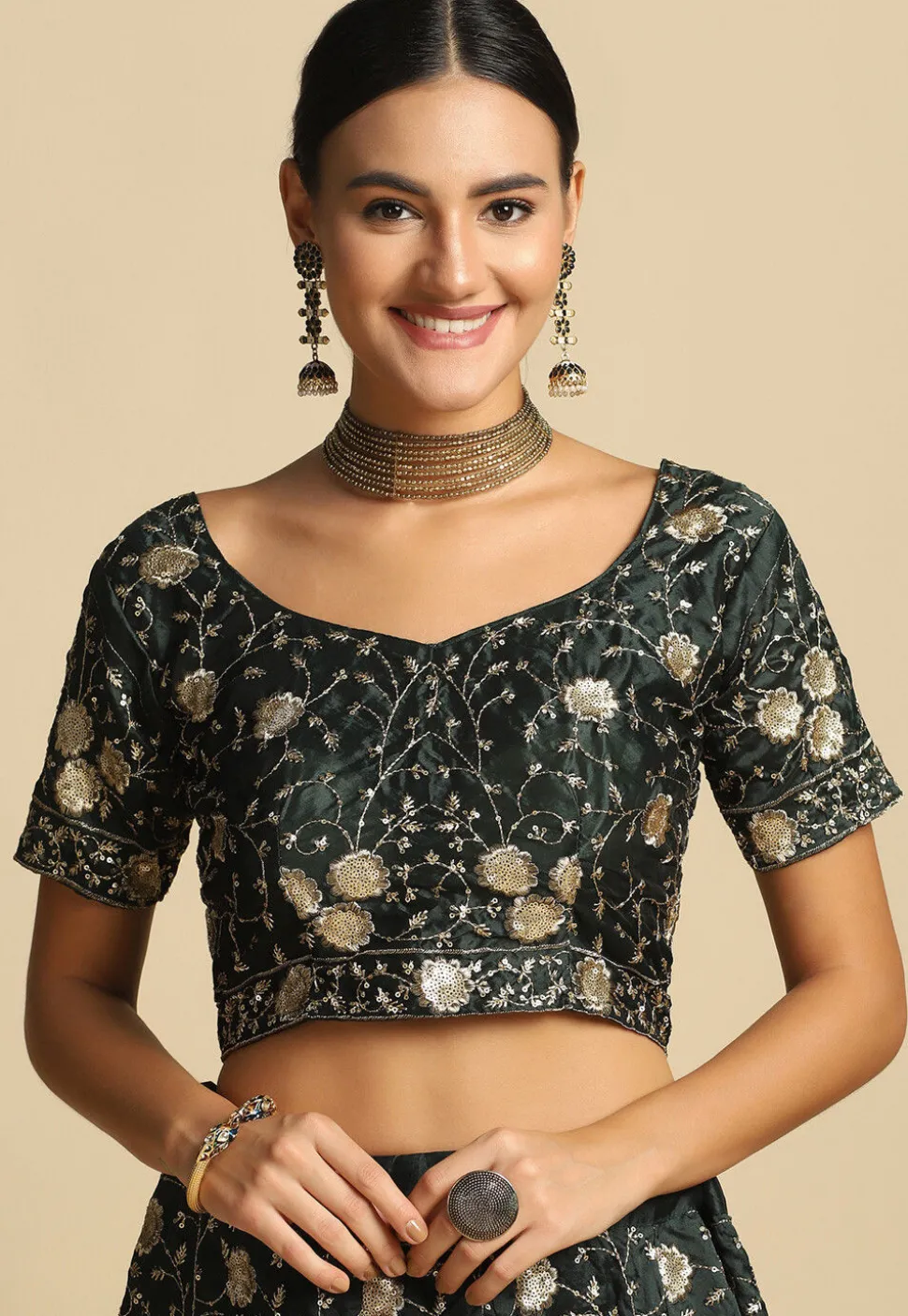 Embroidered Taffeta Silk Lehenga in Dark Green