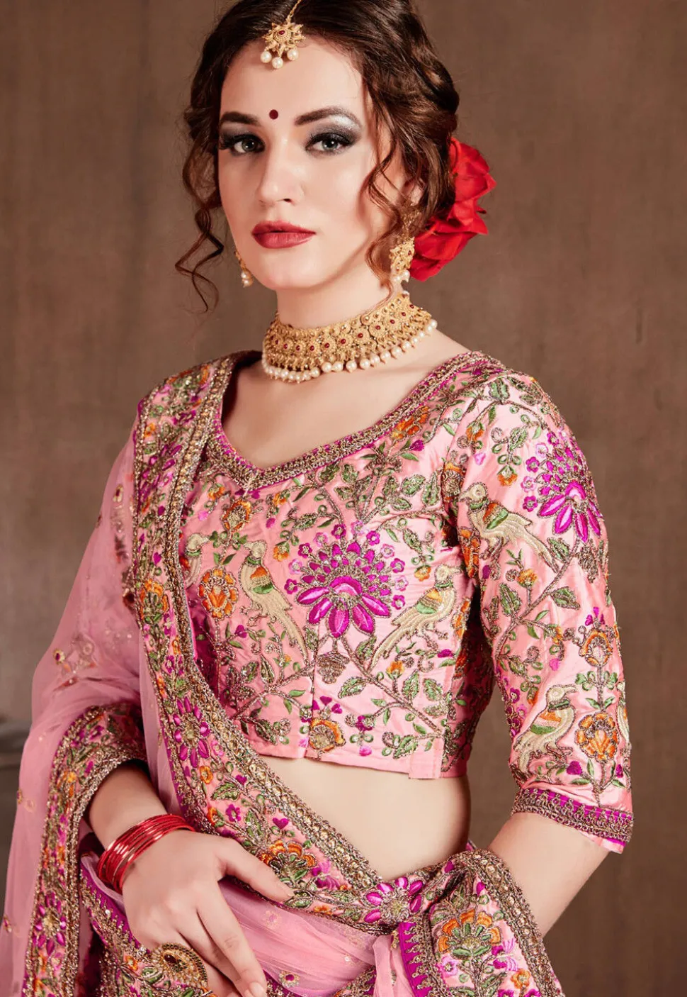 Embroidered Taffeta Silk Lehenga in Pink