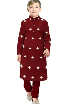 Embroidered Taffeta Silk Kurta Set in Maroon