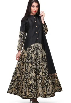 Embroidered Taffeta Silk Front Slit Pakistani Suit in Black