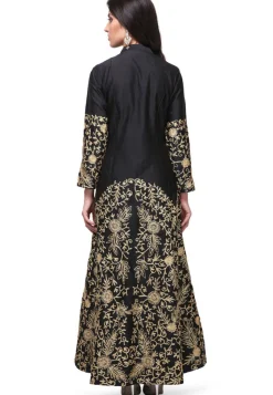 Embroidered Taffeta Silk Front Slit Pakistani Suit in Black