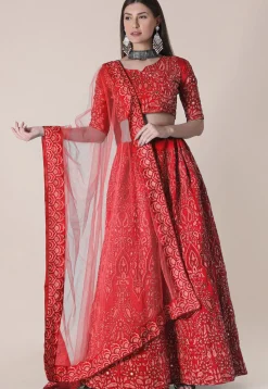 Embroidered Taffeta Silk Lehenga in Red