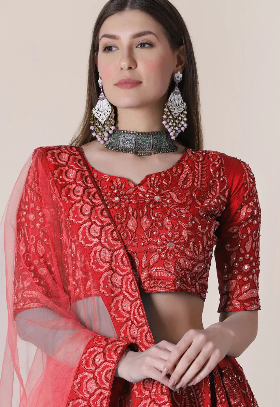 Embroidered Taffeta Silk Lehenga in Red