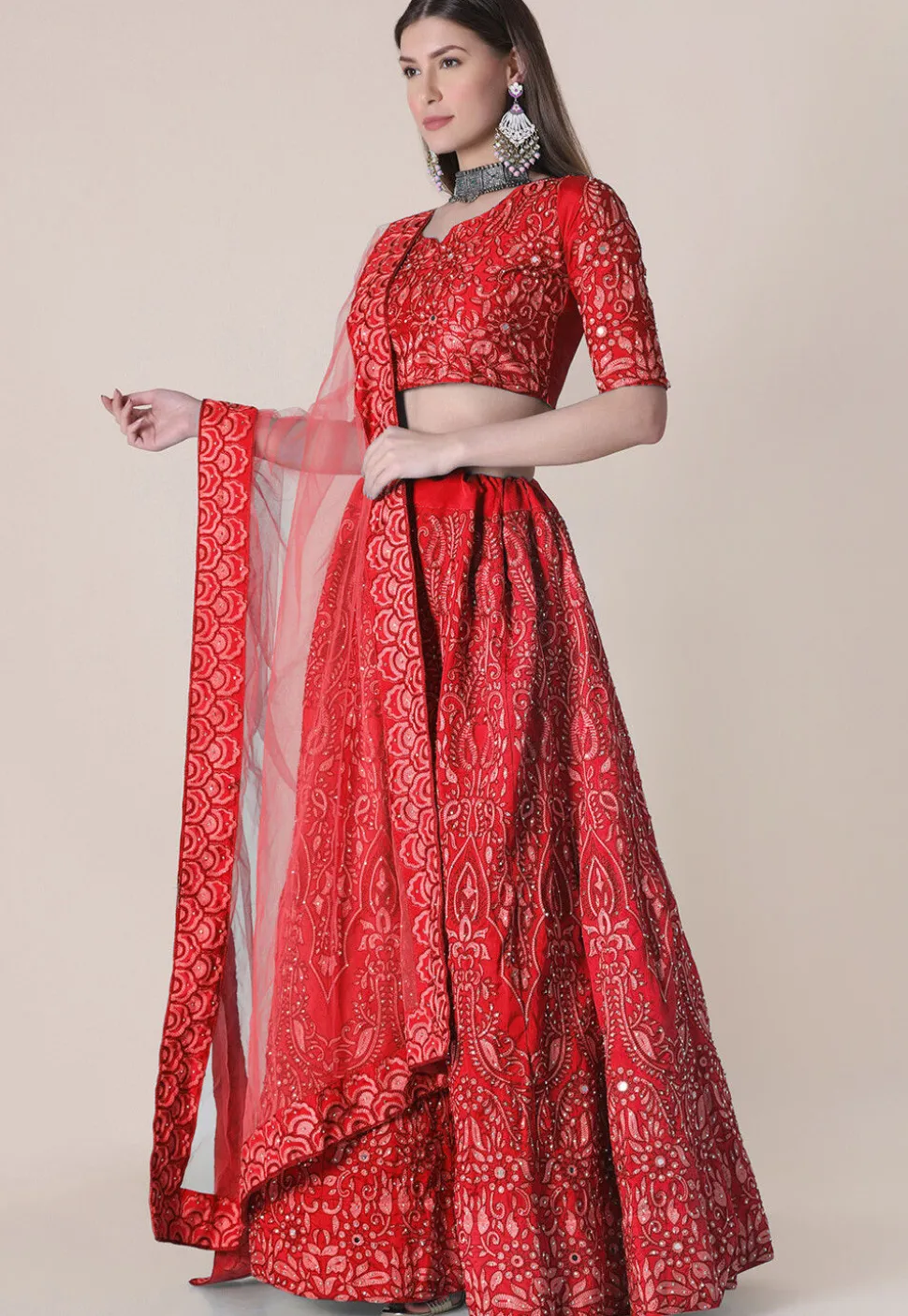 Embroidered Taffeta Silk Lehenga in Red