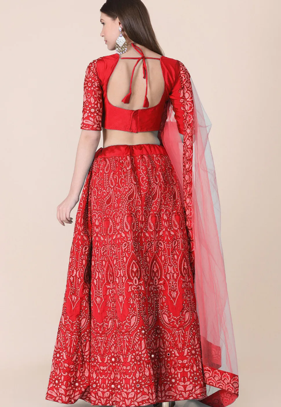 Embroidered Taffeta Silk Lehenga in Red