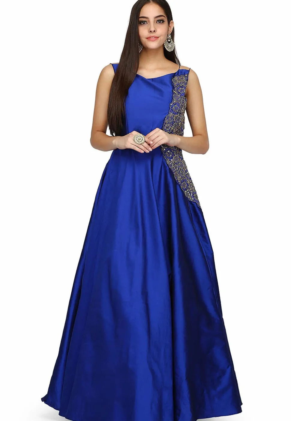 Embroidered Taffeta Silk Gown in Blue