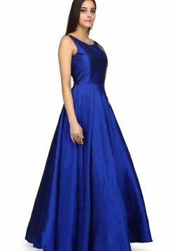 Embroidered Taffeta Silk Gown in Blue