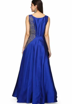 Embroidered Taffeta Silk Gown in Blue