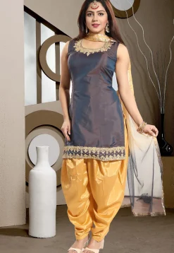 Embroidered Taffeta Silk Punjabi Suit in Grey