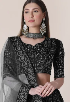 Embroidered Taffeta Silk Lehenga in Black