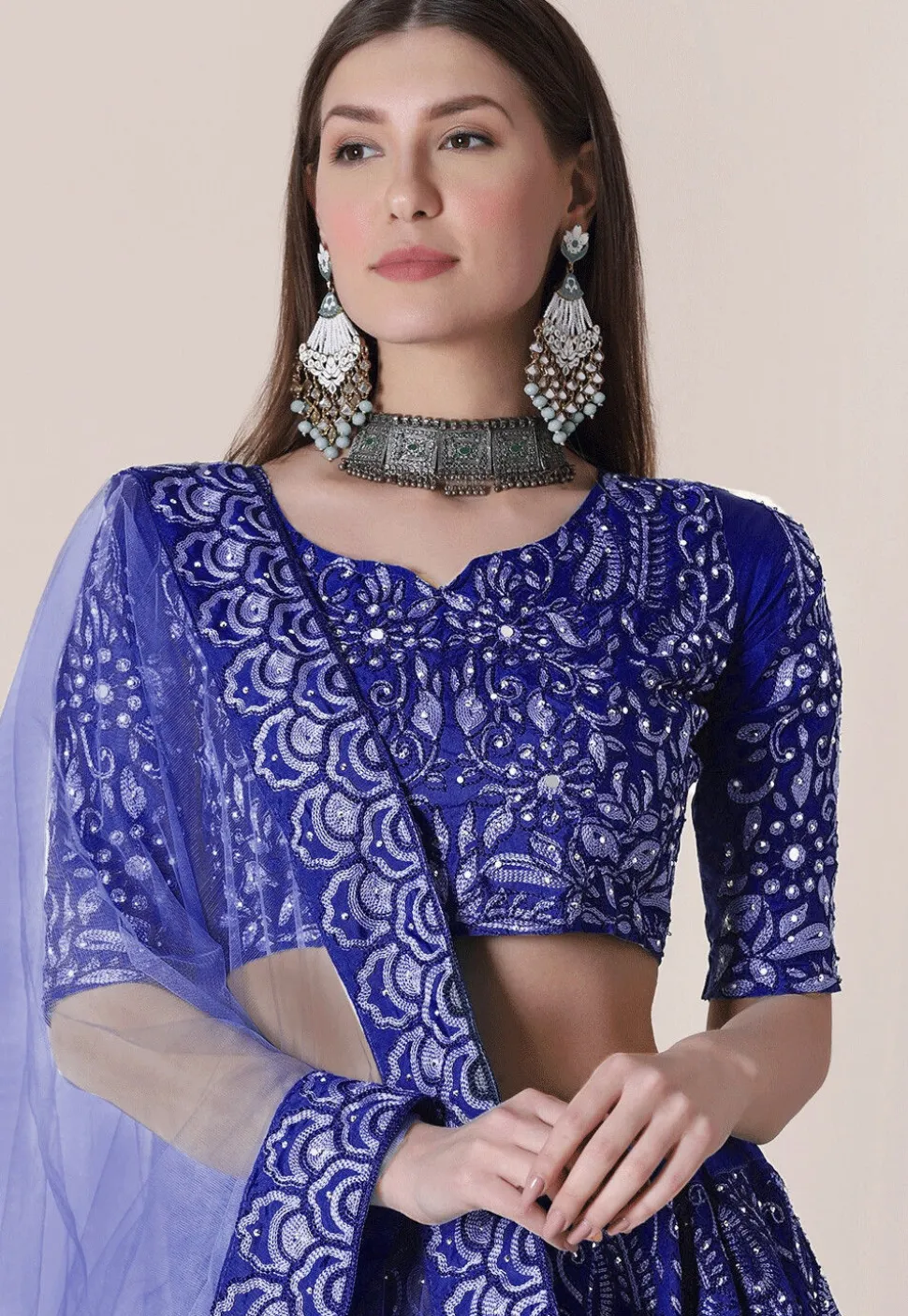 Embroidered Taffeta Silk Lehenga in Royal Blue