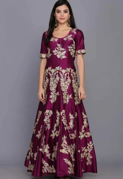 Embroidered Taffeta Silk Gown in Magenta Purple