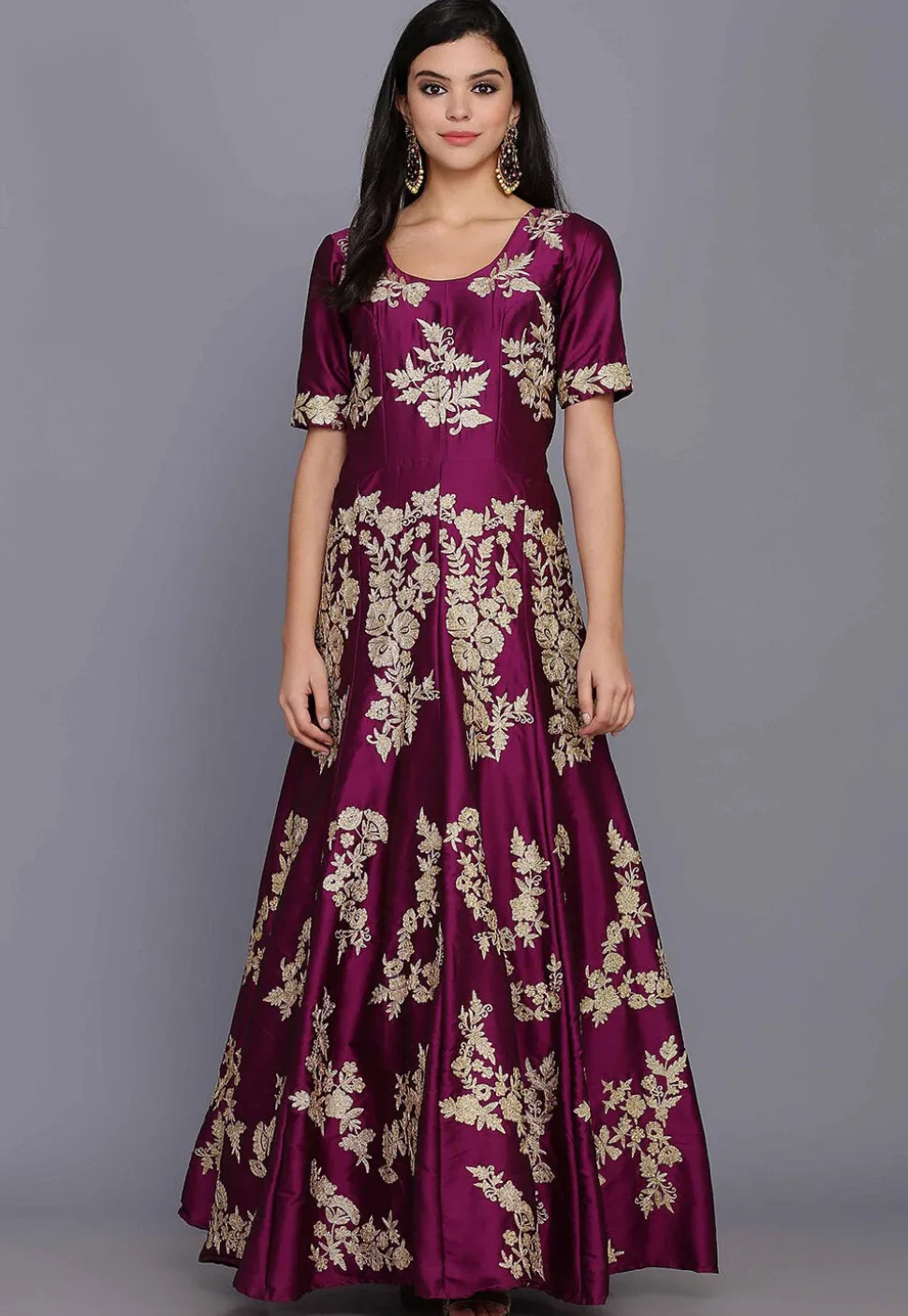 Embroidered Taffeta Silk Gown in Magenta Purple