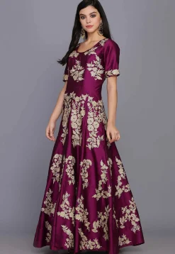 Embroidered Taffeta Silk Gown in Magenta Purple