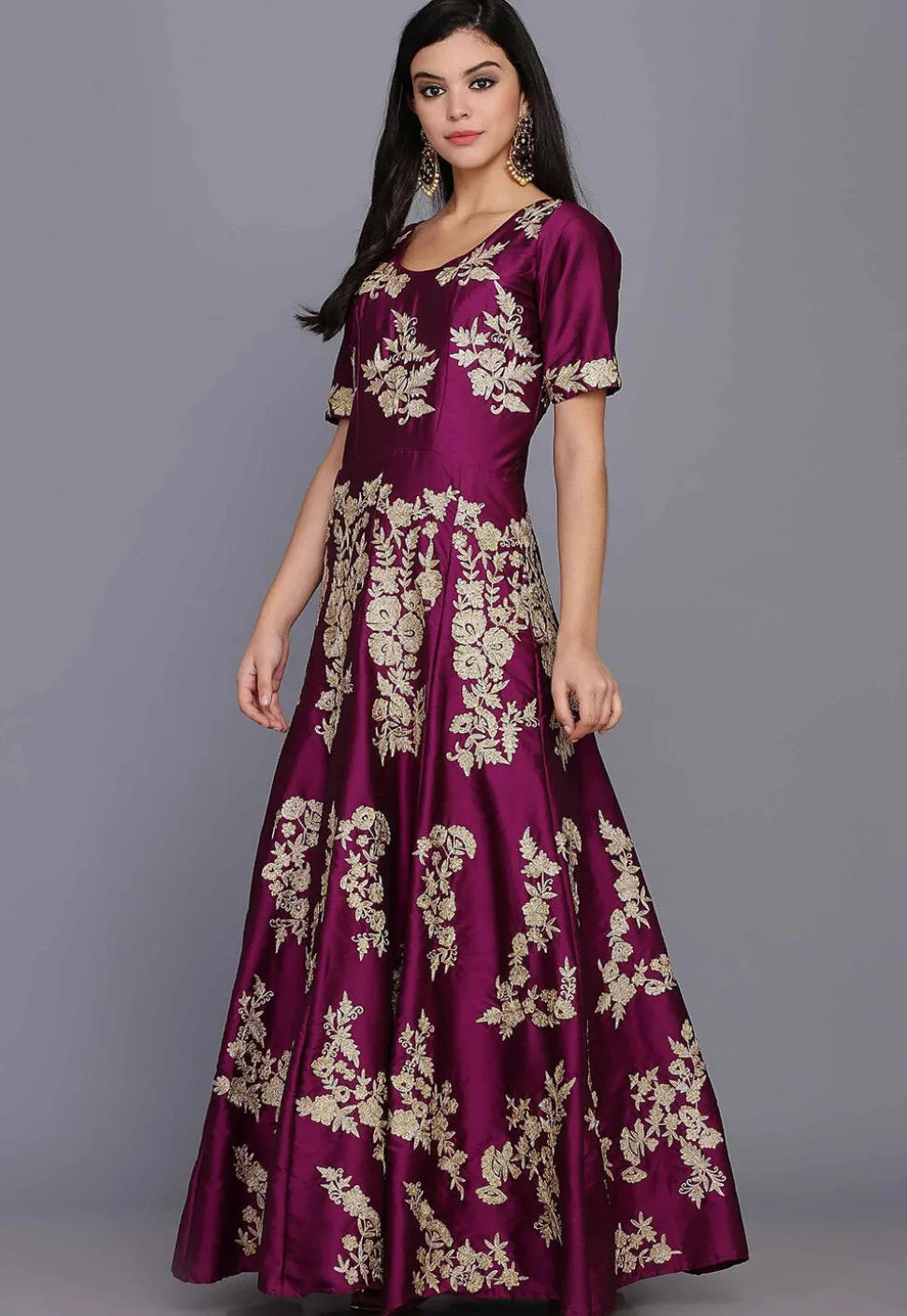Embroidered Taffeta Silk Gown in Magenta Purple
