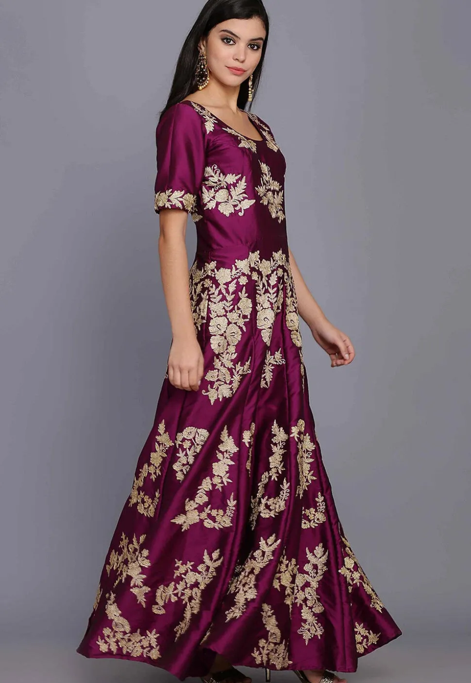 Embroidered Taffeta Silk Gown in Magenta Purple