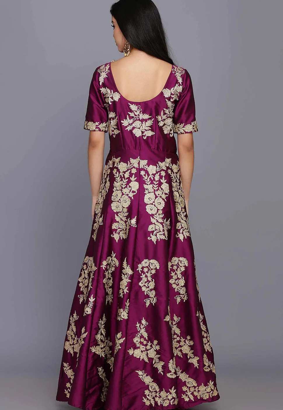 Embroidered Taffeta Silk Gown in Magenta Purple
