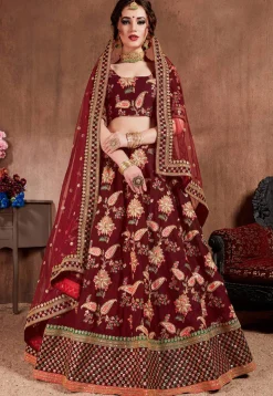 Embroidered Taffeta Silk Lehenga in Maroon