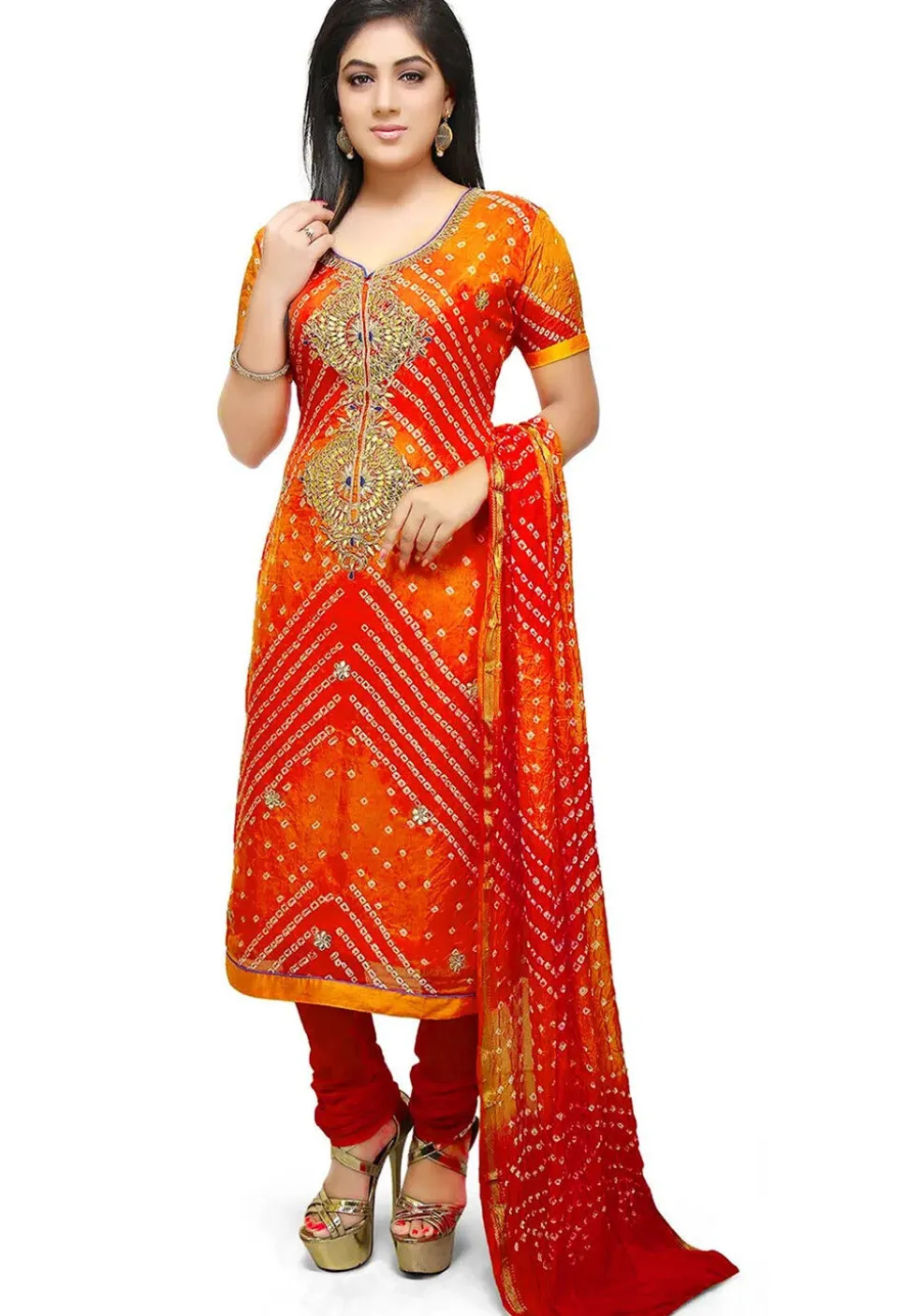 Embroidered Taffeta Silk Straight Suit in Shaded Orange