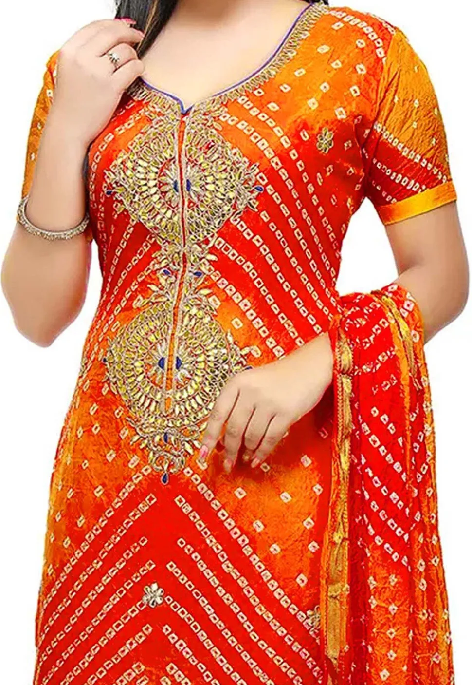 Embroidered Taffeta Silk Straight Suit in Shaded Orange