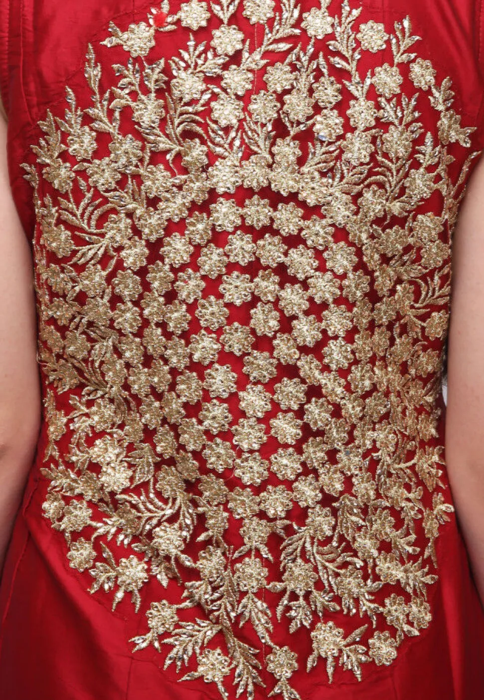 Embroidered Taffeta Silk Front Slit Pakistani Suit in Red