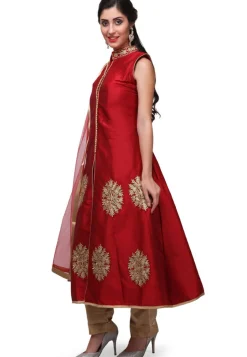 Embroidered Taffeta Silk Front Slit Pakistani Suit in Red