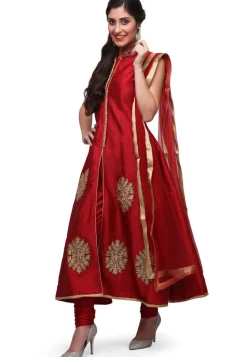 Embroidered Taffeta Silk Front Slit Pakistani Suit in Red