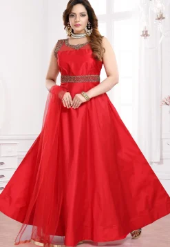 Embroidered Taffeta Silk Abaya Style Suit in Red
