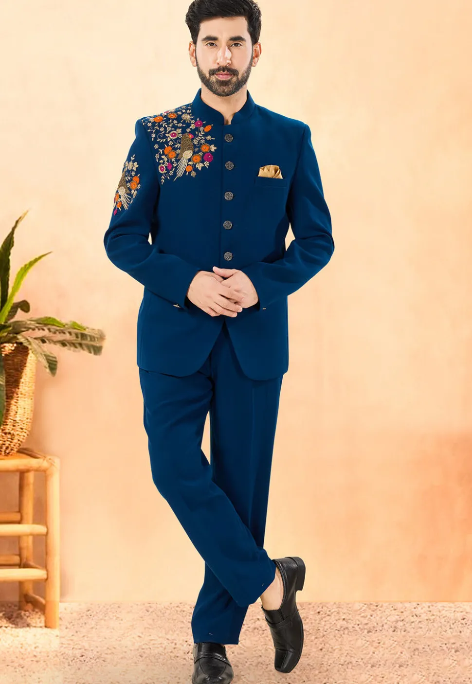Embroidered Terry Rayon Jodhpuri Suit in Teal Blue
