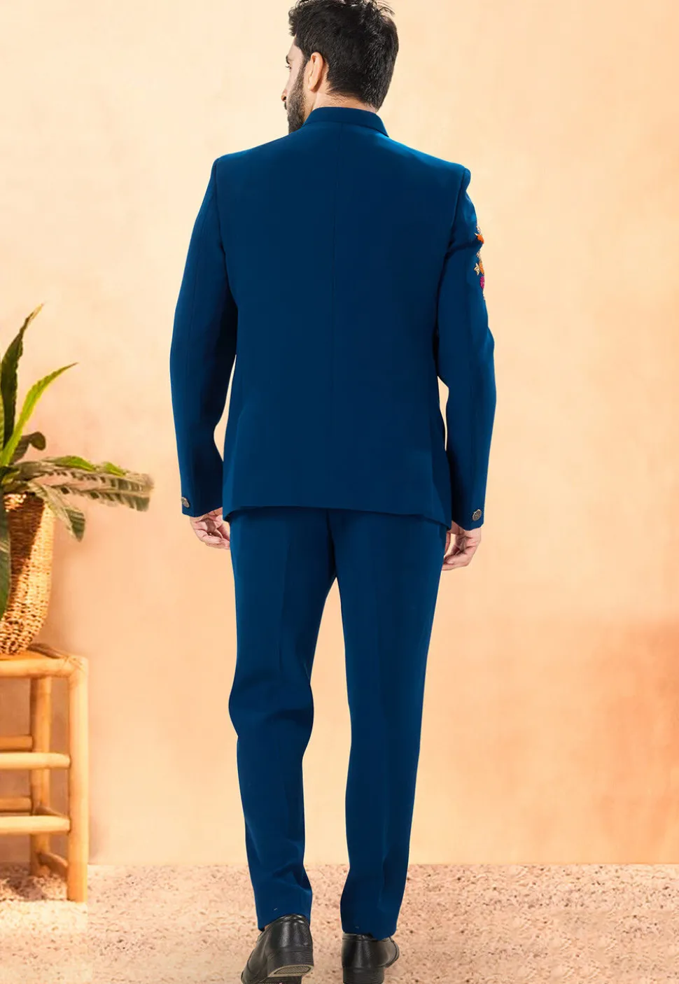 Embroidered Terry Rayon Jodhpuri Suit in Teal Blue