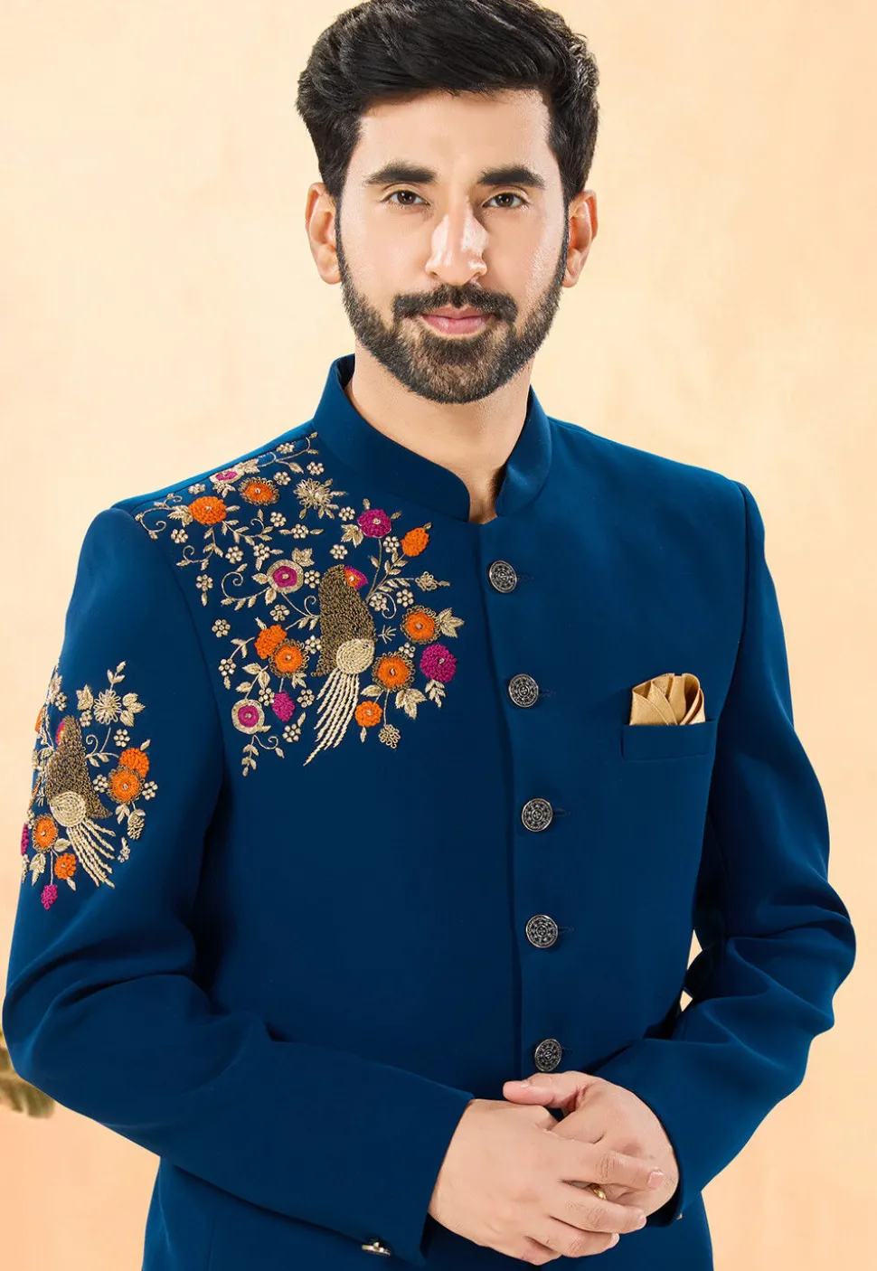 Embroidered Terry Rayon Jodhpuri Suit in Teal Blue