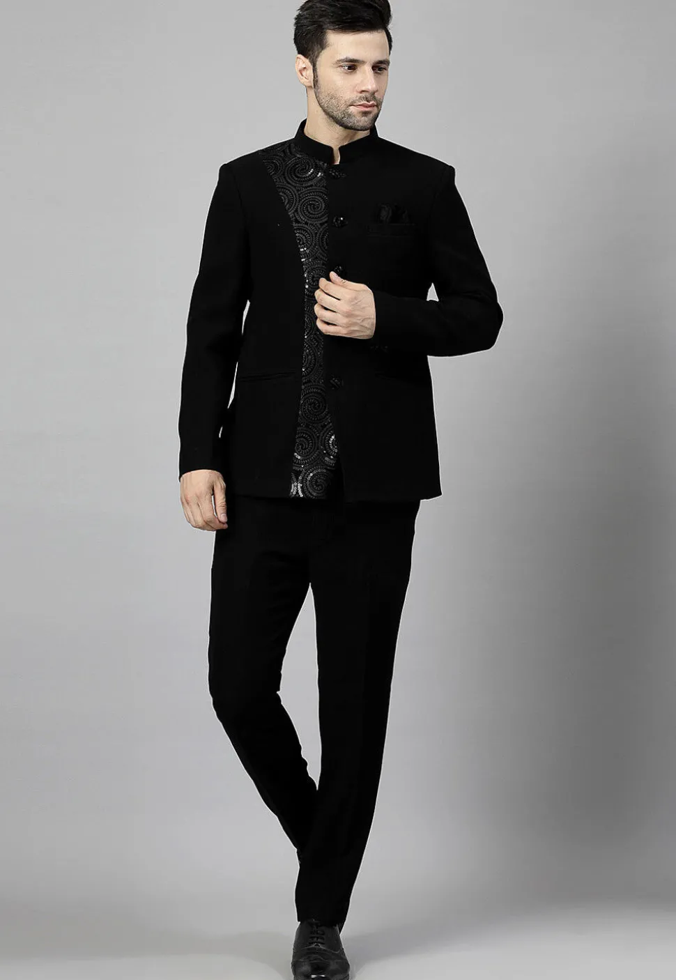 Embroidered Terry Rayon Jodhpuri Suit in Black