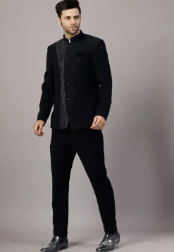 Embroidered Terry Rayon Jodhpuri Suit in Black