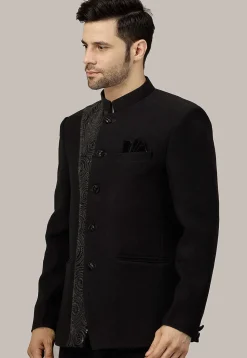 Embroidered Terry Rayon Jodhpuri Suit in Black