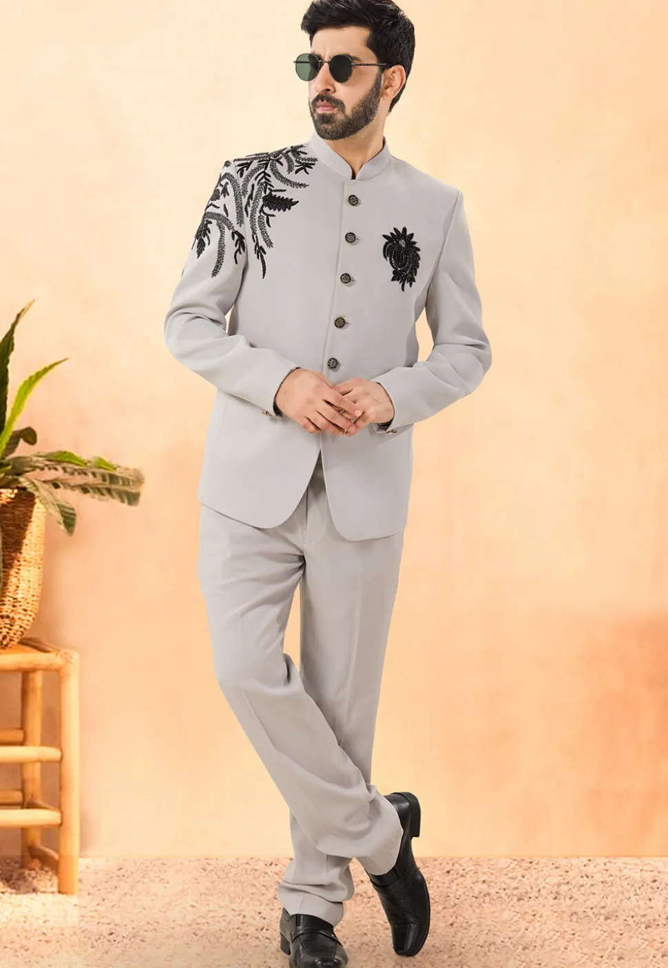 Embroidered Terry Rayon Jodhpuri Suit in Grey