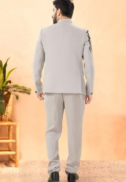 Embroidered Terry Rayon Jodhpuri Suit in Grey
