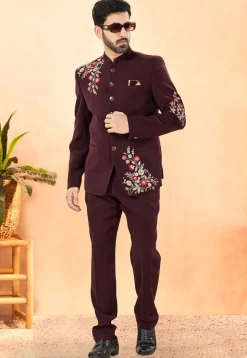 Embroidered Terry Rayon Jodhpuri Suit in Maroon