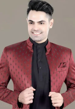 Embroidered Terry Rayon Jodhpuri Jacket in Maroon