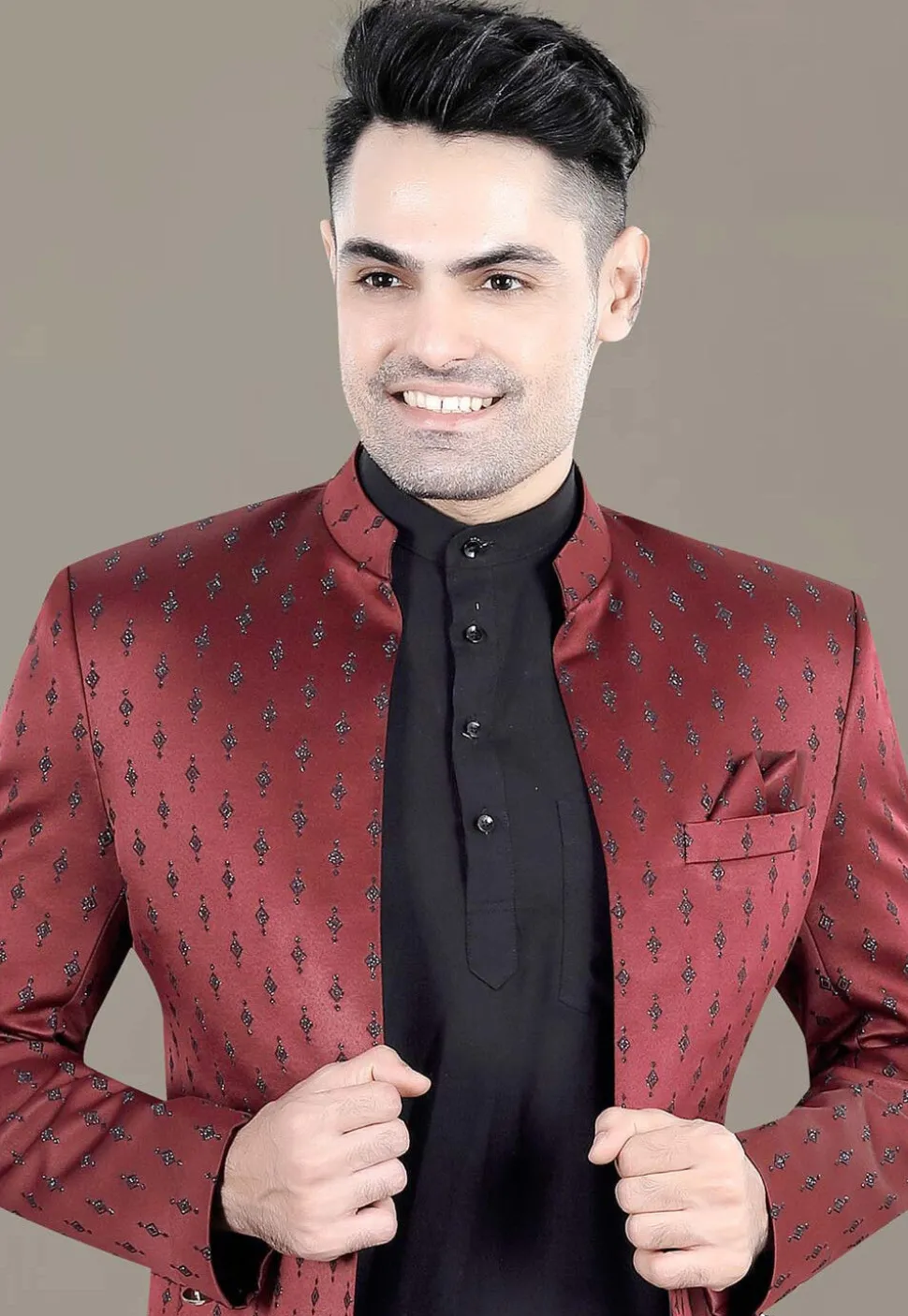 Embroidered Terry Rayon Jodhpuri Jacket in Maroon