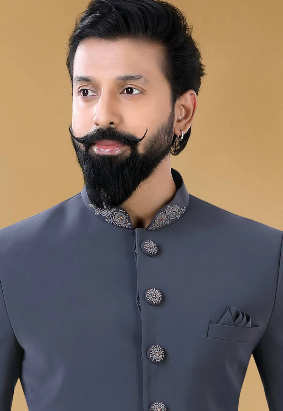 Embroidered Terry Rayon Jodhpuri Suit in Grey