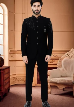 Embroidered Terry Rayon Jodhpuri Suit in Black