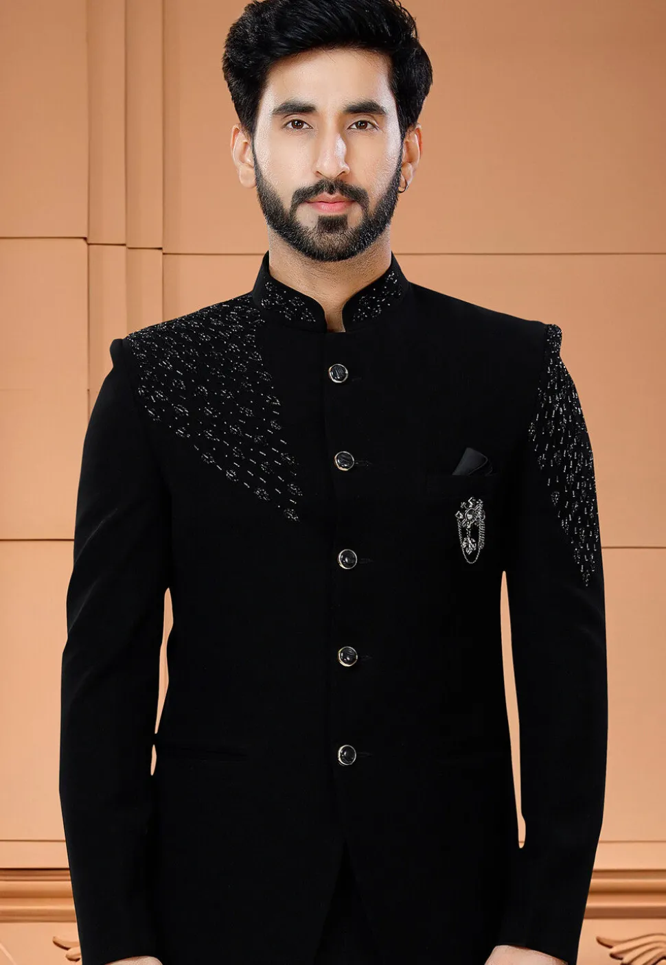 Embroidered Terry Rayon Jodhpuri Suit in Black