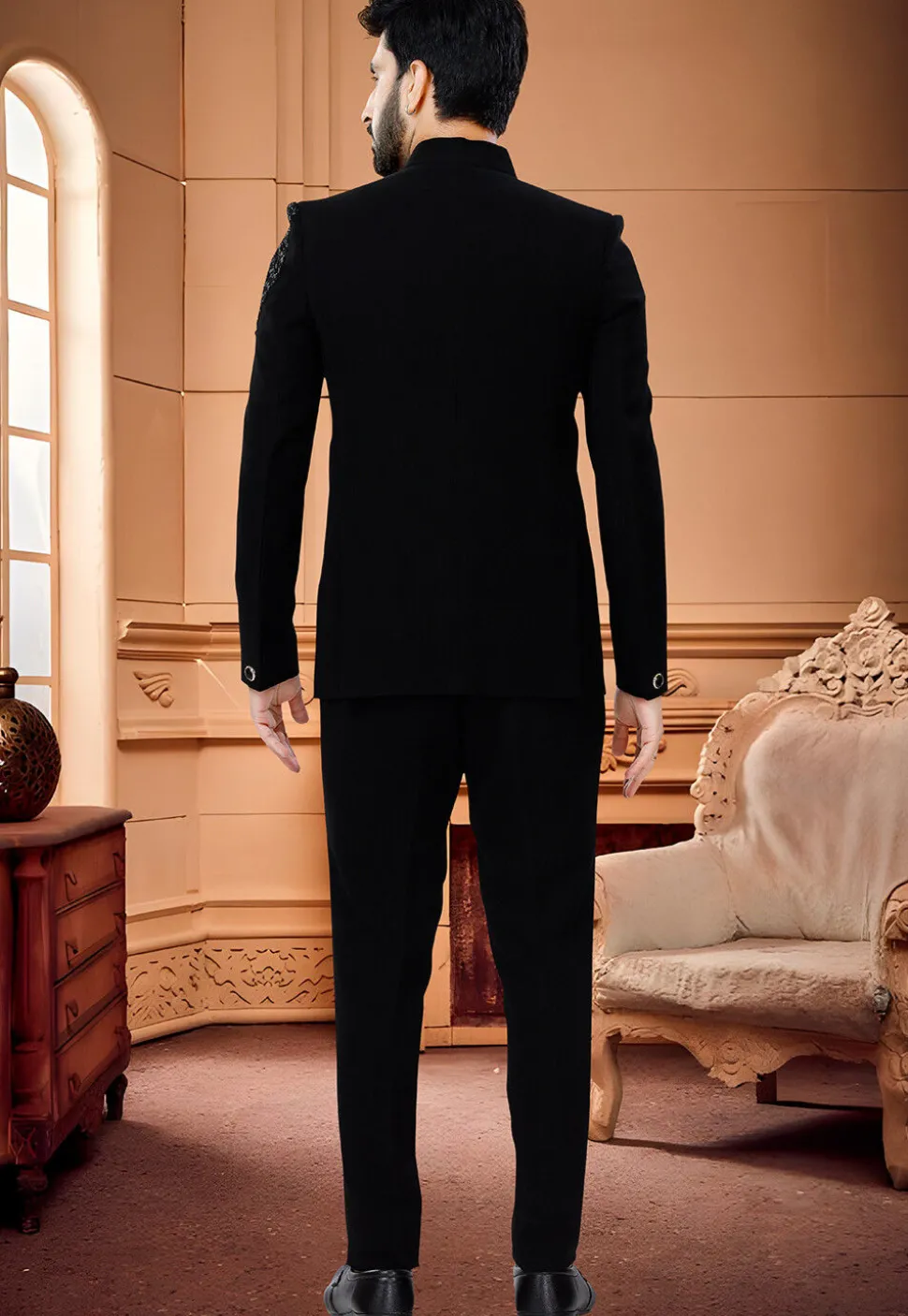 Embroidered Terry Rayon Jodhpuri Suit in Black